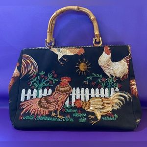 Isabella Fiore Country Farm Scene with Chickens Handbag. Beaded.